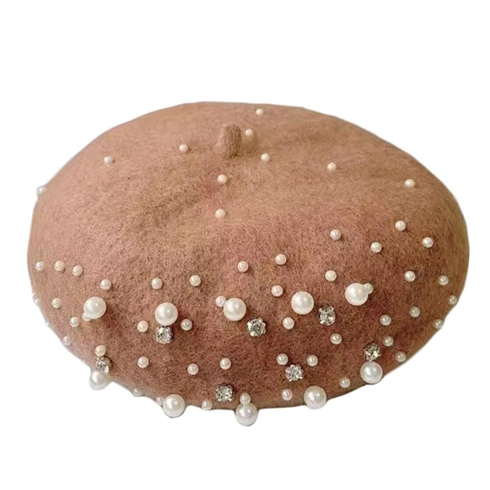 4128 Women Girls Beaded Pearl Rhinestone Wool French Beret Hat Winter Artist